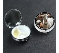 Cute Goat Pill Box with Mirror 3 Compartment Decorative Pill Case for Purse or Pocket Small Round Pill Organizer Weekly Metal Medicine Tablet Vitamin Holder Travel Gift