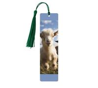 Cute Goat Wooden Bookmarks 5 Pcs,Handmade Double-Sided Printed Book Marks Page Markers with Dark Green Tassels Book Accessories Gift for Book Lovers Women Men