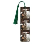 Cute Goat Wooden Bookmarks 5pcs with Dark Green Tassels Handmade Double-Sided Printed Book Marks Page Markers Book Accessories Gift for Book Lovers Women Men