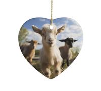 Cute GoatChristmas Tree Heart Ornaments Rustic Ceramic Xmas Tree Penadnt with Hanging String Vintage Double-Sided Holiday Party Ornaments for Xmas Gifts