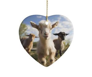 Cute GoatChristmas Tree Heart Ornaments Rustic Ceramic Xmas Tree Penadnt with Hanging String Vintage Double-Sided Holiday Party Ornaments for Xmas Gifts