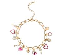 Cute Gold Heart Charm Link Bracelet for Women 14K Gold Plated Rhinetstone Love Heart Lock Key Lucky Clover Chain Bracelet with Dangle Crystal Pendant Adjustable Party Trendy Y2K Jewelry Gift for Women