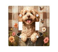 Cute Golden Doodle Dog Decorative Light Switch Cover Plate 2 Gang Double Toggle, Farmhouse Plaid Flowers Electrical Faceplate for Kitchen Bathroom, Puppy Switchcover Decor