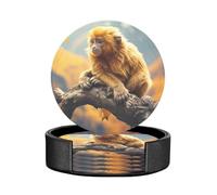 Cute Golden Monkey Baby Animal on Tree Branch in Green Creative Pattern Set of 6 Table Coasters Modern PU Cup Coasters for Drinks, Coaster Set,4 Inches