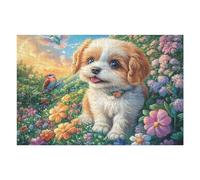 Cute Golden Retriever Pup 1000 Piece Complete Jigsaw Puzzle Set Grass Bloom Foliage Teens Beginners Educational Challenge Puzzle Fans Group Play Anniversary Cardboard 1000 PCS
