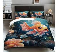 Cute Goldfish Duvet Cover Underwater World Koi Themed Bedding Lotus Leaf Lotus Flowers Nature Blooming Pond Comforter Cover for Boys Girls Teens Room Decor 3/4Pcs (Color 1,King:220x240cm(3Piece))