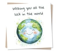 Cute Good Luck or Encouragement Card For Loved One - Smile, Globe - Wishing You All The Luck In The World - For Friend, Bestie, Relative, Sister, Colleague, Student