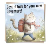 Cute Good Luck or Goodbye Card for Loved One - Cat, Kitty, Backpack, Animal Lover, Leaving New Job - Best of Luck for Your New Adventure - for Colleague, Relative, Friend
