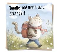 Cute Good Luck or Goodbye Card for Loved One - Cat, Kitty, Backpack, Animal Lover, Leaving, New Job - Toodle-oo Don't Be A Stranger - for Colleague, Relative, Friend