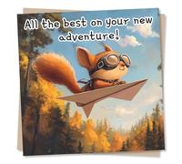 Cute Good Luck or Goodbye Card For Loved One - Squirrel, Paper Plane, Woodland Animal Lover, Leaving, New Job - All The Best On Your New Adventure - For Colleague, Relative, Friend