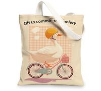 Cute Goose Canvas Tote Bags, Fanciful Animal Design Reusable Grocery Bags, Lightweight Washable Shoulder Strap Canvas Bags, Beige, 13x15 Inch