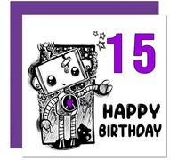 Cute Gothic Robot 15th Birthday Card for Teenage Girls Boys - 15th Birthday Cards for 15 year old Teenager Daughter girl fifteen, fifteenth Granddaughter Sister Niece cousin