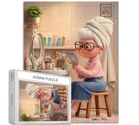 Cute Grandma Doing her Makeup 1000 Piece Jigsaw Puzzles for Adults Bathroom Scene Art Jigsaw Puzzle Colorful DIY Puzzles for Home Decoration Gifts Family Puzzle Perfect for Game Nights 50×70cm