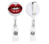 Cute Graphic Red Lips Badge Reel Retractable ID Name Badge Holder Reels Sturdy Round Badge Holder with Clip Lightweight Plastic Badge Reel Key Chain Extender for Women Men