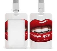 Cute Graphic Red Lips ID Badge Holder Vertical Heavy Duty Card Protector Pouch, Lanyard Work Badge Sleeve Plastic Waterproof Name Tag Holder for Nurse Teacher Office Women Men