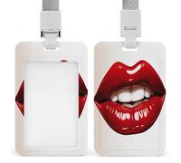 Cute Graphic Red Lips ID Badge Holder with Lanyard and Clip - Hard ABS Plastic Vertical Card Holder, Fashion Slide-Back Name Tag Set for Office, Business & Daily Work
