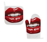 Cute Graphic Red Lips Oven Mitts for Kitchen Cooking, Pot Holders Sets with Hanging Loop, Long Oven Mitt Set for Restaurant, Non-Slip Hot Pads Barbecue, Baking, Cooking, Grilling