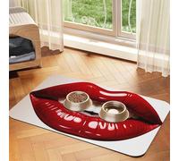 Cute Graphic Red Lips Pet Feeding Mat Absorbent Pu Leather Dog Cat Food Mats Contain Spills Protects Floors, Anti-Slip Rubber Backing Dog Bowl Mats Easy Clean Pet Placemats 40x60cm
