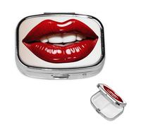 Cute Graphic Red Lips Pill Case with Mirror Retro 2 Compartment Pill Box Small Pill Organizer for Purse or Pocket Decorative Metal Medicine Vitamin Organizer Unique Gifts