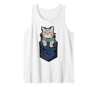 Cute Gray Cat Peeking Out of Pocket Illusion Tank Top