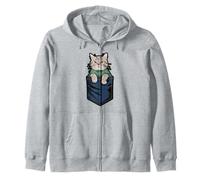 Cute Gray Cat Peeking Out of Pocket Illusion Zip Hoodie