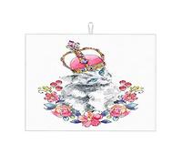 Cute Gray Kitten Wearing Crown Surrounded by A Wreath Artistic Dish Rack Mat for Kitchen Counter Extra Large Dish Drying Mat Quick Drying Large 18 X 24 Inch