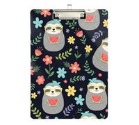 Cute Gray Sloth Flowers Acrylic Clipboard Writing Board Travel Clipboards, A4 Letter Size 12.5 x 9 Inches Silver Clip