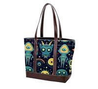 Cute Green Alien-23 Fashion Washed Durable Leather Purse Bag for Women Top Handle Ladies Shoulder Bags with Pockets Zipper, Multicolor 04, 33.8x12x31cm/13.3x4.7x12.2 in