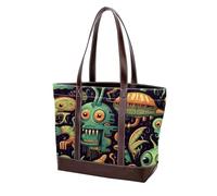 Cute Green Alien-34 Tote Bags Durable Leather Canvas Purses and Handbags for Women Top Handle Shoulder Satchel Hobo Bags, Multicolor 08, 33.8x12x31cm/13.3x4.7x12.2 in