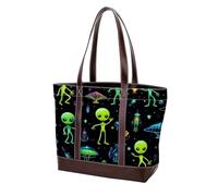 Cute Green Alien-56 Fashion Washed Durable Leather Purse Bag for Women Top Handle Ladies Shoulder Bags with Pockets Zipper, Multicolor 10, 33.8x12x31cm/13.3x4.7x12.2 in