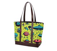 Cute Green Alien-67 Tote Bags Durable Leather Canvas Purses and Handbags for Women Top Handle Shoulder Satchel Hobo Bags, Multicolor 01, 33.8x12x31cm/13.3x4.7x12.2 in