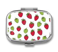 Cute Green and Red Strawberries Pattern Pill Box 2 Compartment Portable Medicine Pill Case Travel Pill Organizer for Pocket Purse