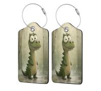 Cute Green Dino Cartoon Luggage Tags for Suitcases Travel Bag Tags Name Tag Personalized Leather Luggage Tag with Privacy Cover Label Card 2 Pcs