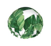 Cute Green Palm Leaves Print Hair Cap With Adjustable Elastic Band And Vibrant, Shower Cap For Women Reusable Waterproof