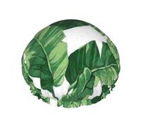 Cute Green Palm Leaves Print Premium Double Layer Shower Cap For Women With Reusable Shower Cap For Hair - Waterproof Plastic Cap - Shower Caps For Long, Short And Curly Hairs