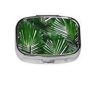 Cute Green Palm Leaves Print Square Metal Pill Box Decorative Pill Case - Carry Your Meds in Style (Rectangular)