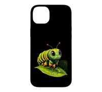 Cute Green Striped Caterpillar on Leaf Case for iPhone 14 Plus