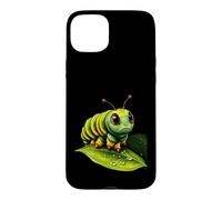 Cute Green Striped Caterpillar on Leaf Case for iPhone 15 Plus