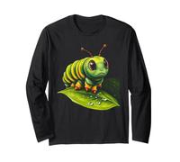 Cute Green Striped Caterpillar on Leaf Long Sleeve T-Shirt