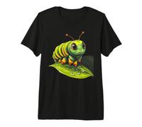 Cute Green Striped Caterpillar on Leaf Premium T-Shirt