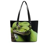 Cute Green Tree Python Leather Tote Bag for Women Work Shoulder Purses with Zipper Waterproof Large Computer Shoulder Bag Fashion Ladies Shoulder Handbag Reusable Shopping Bags