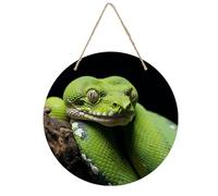 Cute Green Tree Python Wooden Ornament with Hole, Round Wood Slice Decorations Door Hanging Sign Decorative Plaque with Twine, Door Hangers, Painting, Home Wall Decor, Christmas Decor