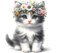 Cute Grey Sitting Kitten with Flower Hair Vinyl Sticker Cat Decal 20cm, 7cm
