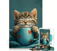 Cute Grey Tabby Cat Coffee 1000 Pieces Jigsaws Adults Puzzles Gifts Reason Skill Nice Thick Happy Challenge Fine Art (50x75cm)