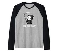 Cute Grim Reaper See You Soon Graphic Raglan Baseball Tee