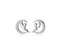 Cute Guardian Angel Stud Earrings Sterling Silver Dainty Clear CZ Crytsal Crescent Moon Wedding Earring Cartilage Studs Hypoallergenic for Women Teen Girls Gifts