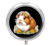 Cute Guinea Pig Pill Box Cute Metal Round Pill Case with 3 Compartments and Mirror for Vitamin Fish Oils
