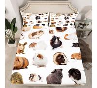 Cute Guinea Pig Small Double Fitted Sheet 3D Guinea Pig Fitted Sheets Deep Pocket (30 cm) Soft Microfiber Shrinkage Fade Resistant Bedding with 2 Pillowcases c-556