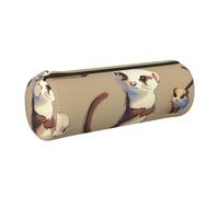 Cute Hairy Ferret Printed Leather Pencil Case Cute Stationery Organizer Round Makeup Bag Pen Pouch, Gold Zipper