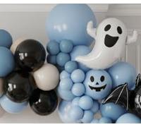 Cute Halloween a little boo is almost due Baby Shower Decorations with Dusty Blue White Black Ghost Bat Stripes Foil balloons for boy Birthday Party Supplies